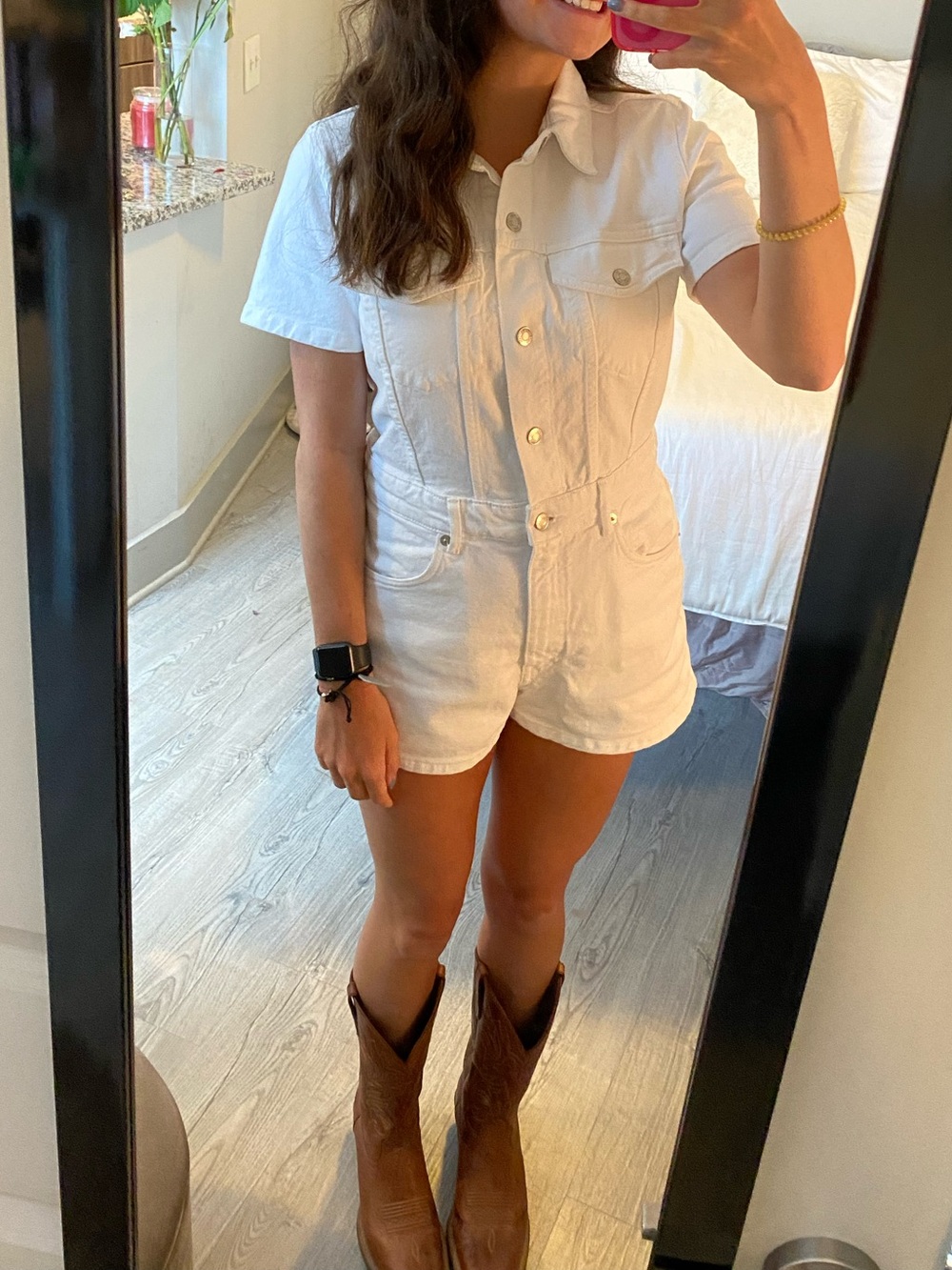 Zara White Short-Sleeve Denim Romper Shorts